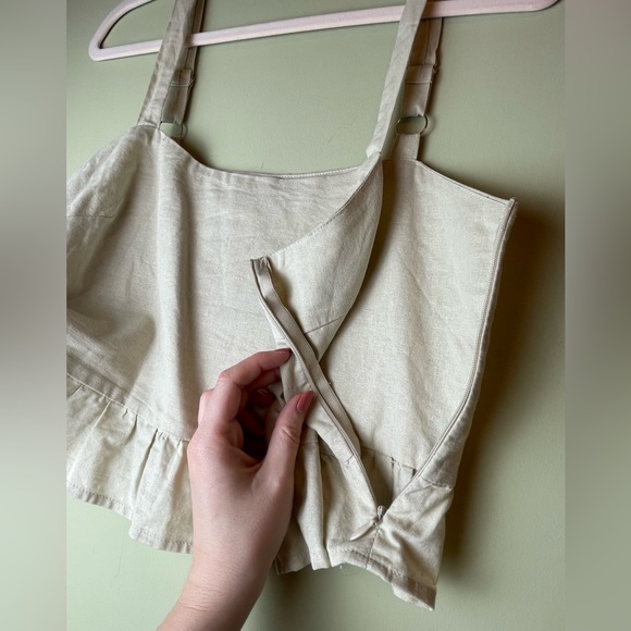 Linen Tank Ruffle Tan Beige Zip Up Side Adjustable Strap - Picture 5 of 8